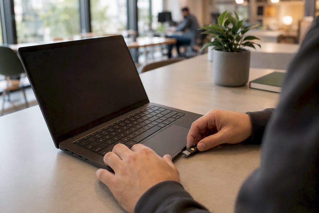 Une personne branche une clé de sécurité sur son ordinateur portable.